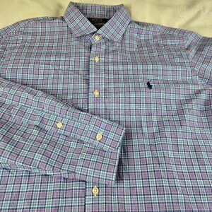 Ralph Lauren Men's Long Sleeve Light Purple Button Down Plaid Shirt XL Stretch